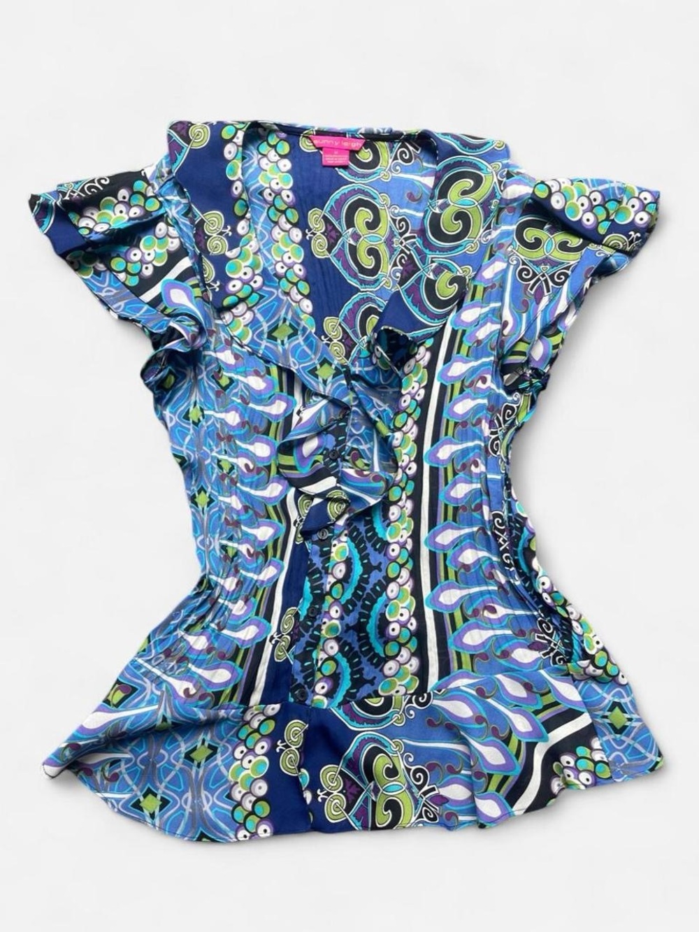 Y2k Sunny Leigh Maximalism Office Crinkle Ruffled Flutter Sleeves Button Up Sz M